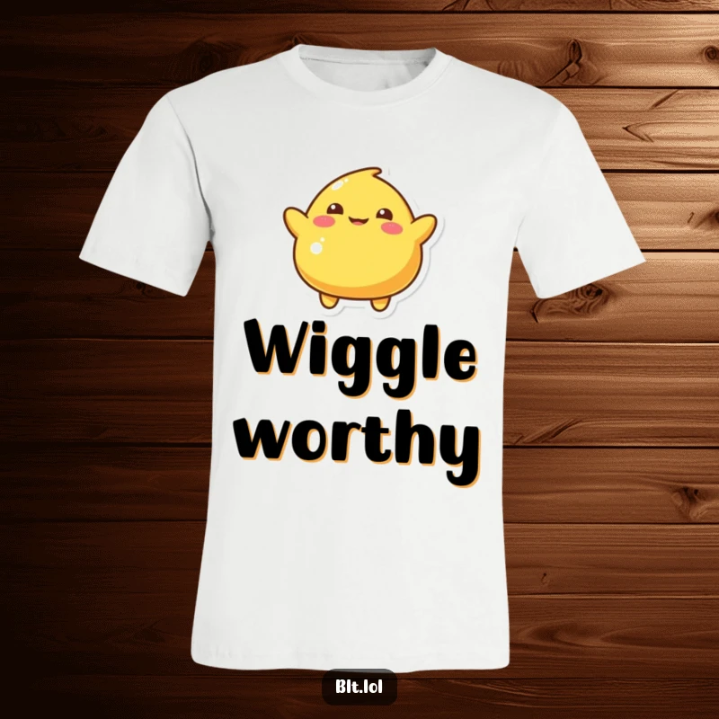 Funny T-Shirt depicting a playful mustard blob character doing a silly wiggle, a humorous and energetic food graphic.