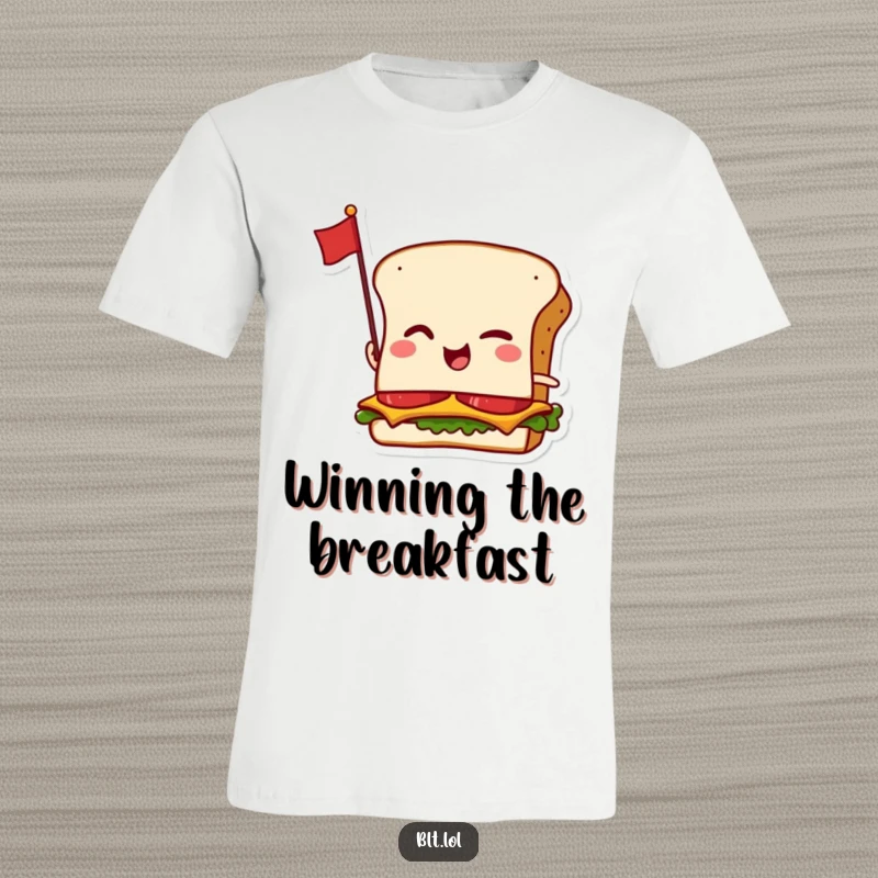 Funny t-shirt with a winking anthropomorphic BLT sandwich holding a tiny flag, depicting a cheeky and delicious character.