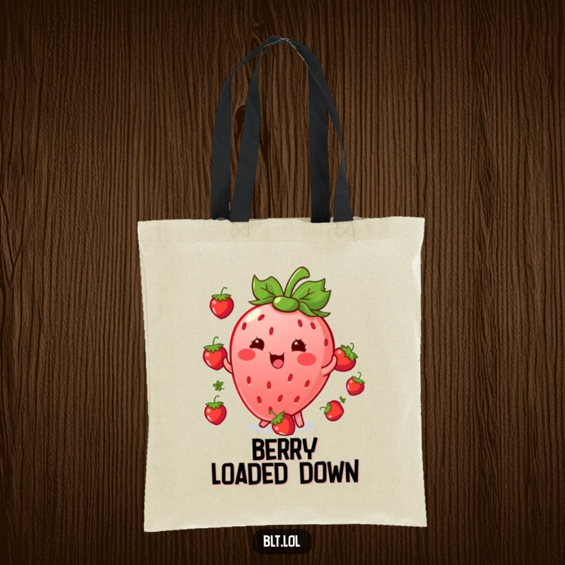 Funny giggling Kawaii strawberry character juggling small berries on a stylish tote bag, ideal for shopping.
