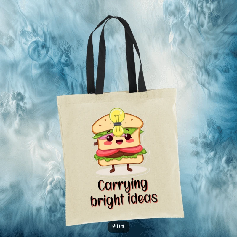 Funny Inspired BLT Sandwich Tote Bag, a sandwich character with a lightbulb, carrying brilliant ideas, practical and inspirational accessory, ideal gift.