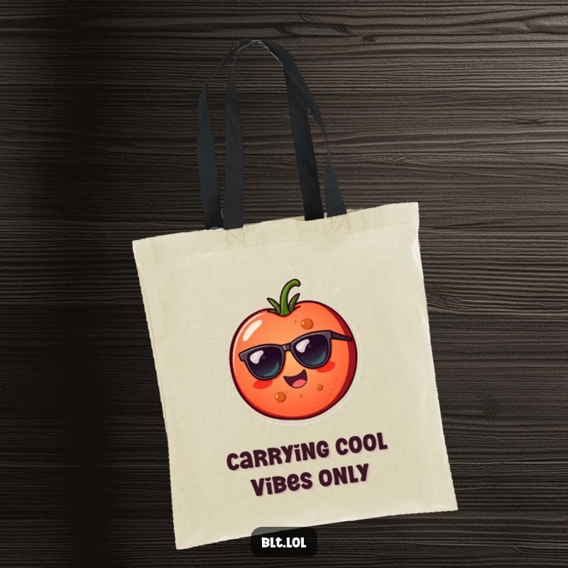 Funny cheerful tomato slice wearing sunglasses on a tote bag, showcasing a fun and practical carry-all for a humorous gift.
