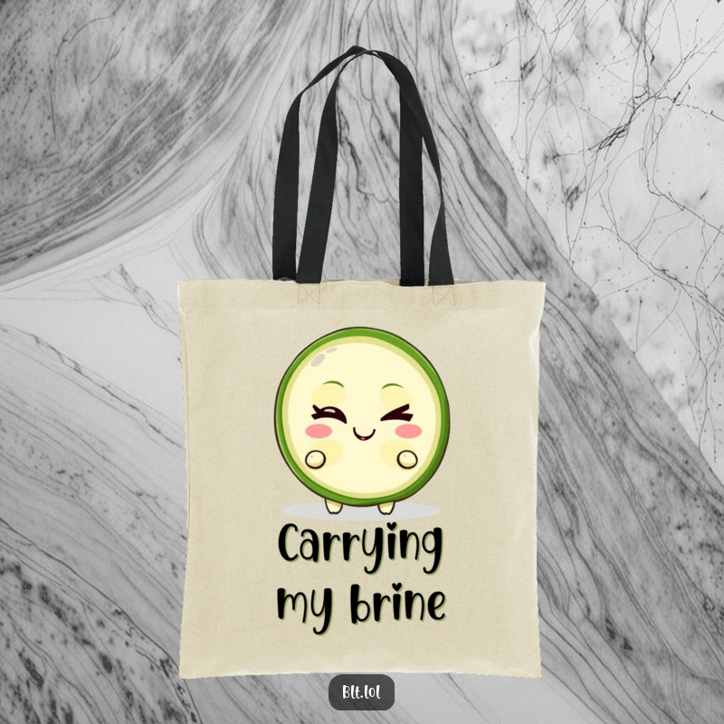 Funny Tote Bag featuring a winking pickle slice character with a mischievous grin, a humorous and practical food accessory.