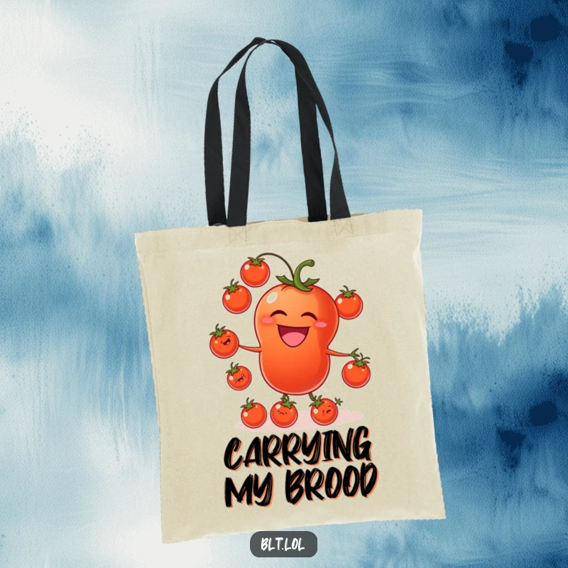 Funny tomato tote bag with a laughing tomato juggling smaller tomatoes, versatile for carrying items with humor.