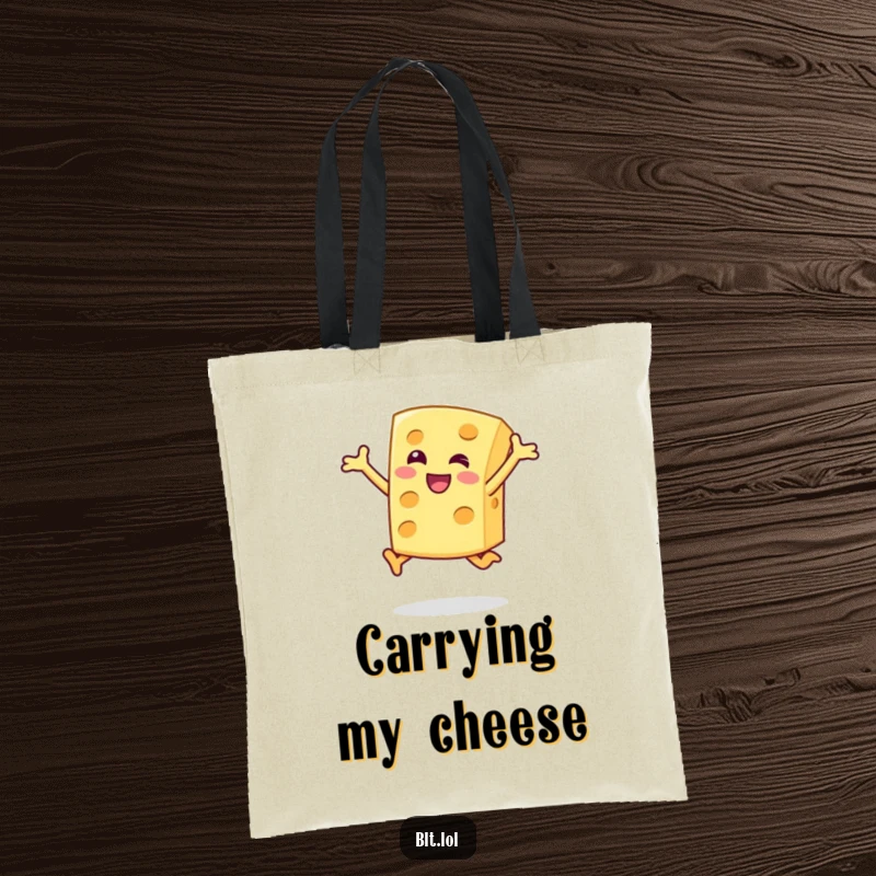 Funny Tote Bag featuring a happy cheese slice character doing a joyful jump, a humorous and practical food accessory.