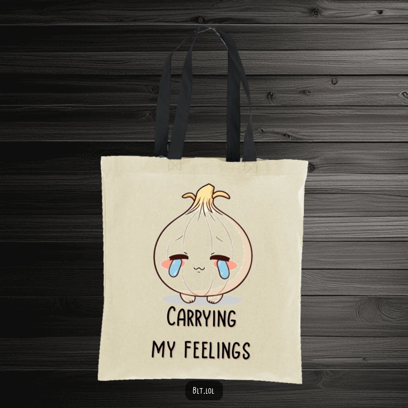 Funny shy anthropomorphic onion shedding cartoon tears, a humorous and empathetic tote bag design.