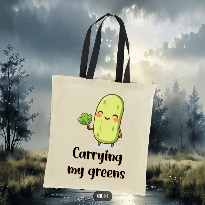 Funny tote bag featuring a winking anthropomorphic pickle holding a tiny lettuce leaf, perfect for stylishly carrying goods with humor.