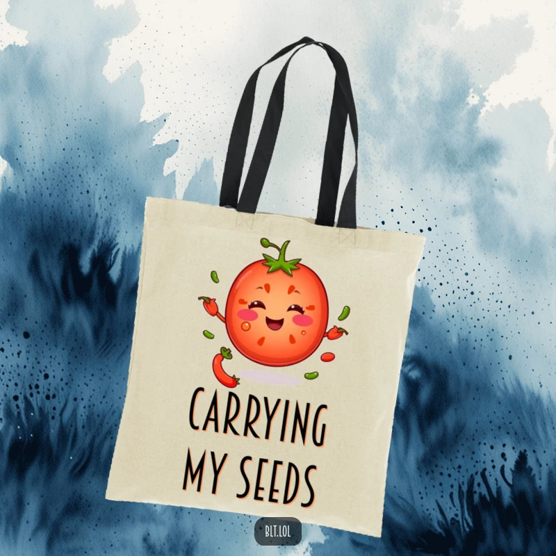 Funny smiling tomato slice juggling pepper seeds, designed on a spacious tote bag for stylish and humorous carrying.