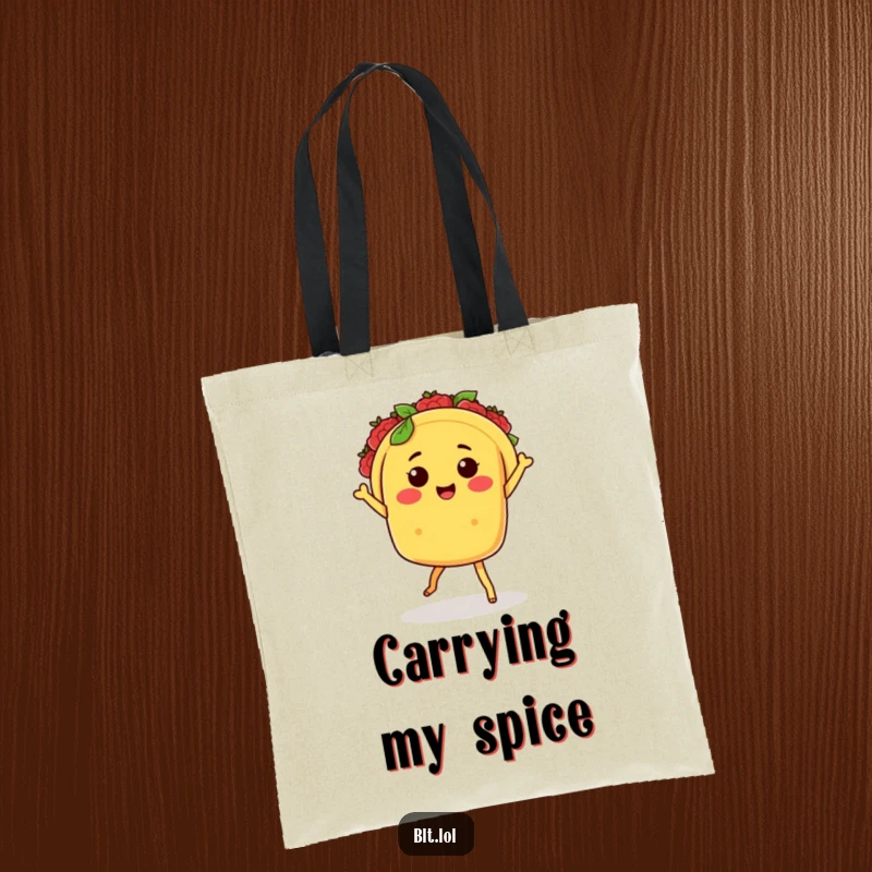 Funny Kawaii taco character with tiny legs performing a salsa dance, printed on a durable tote bag, perfect for shopping.