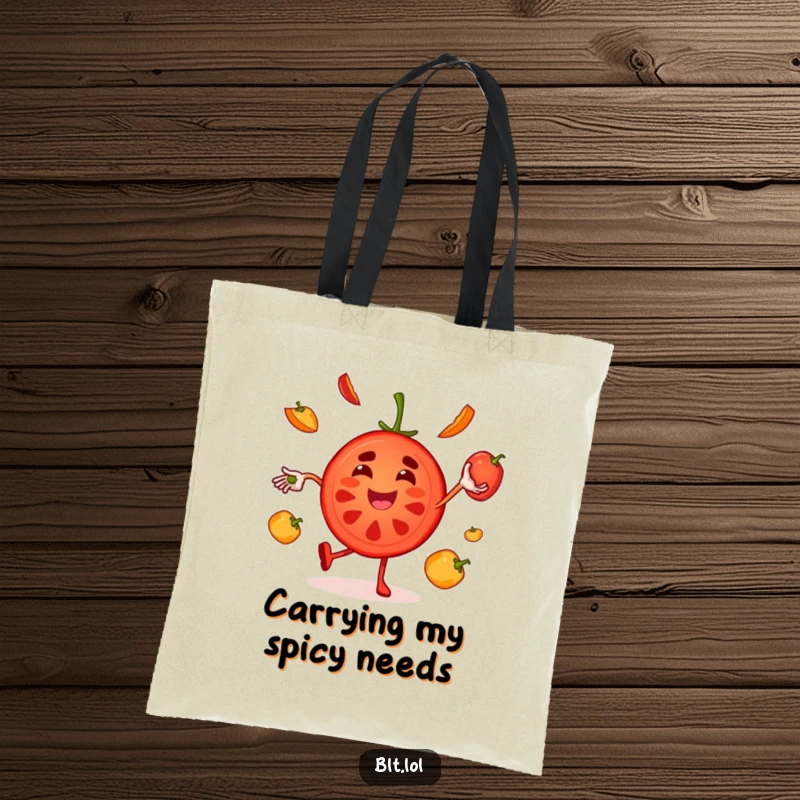 Funny juggling tomato tote bag with a joyful character, perfect for carrying essentials with a splash of vibrant humor.