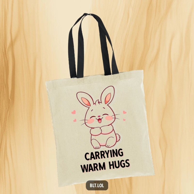 Funny bun character giving a warm hug, designed on a practical tote bag for carrying essentials with love.