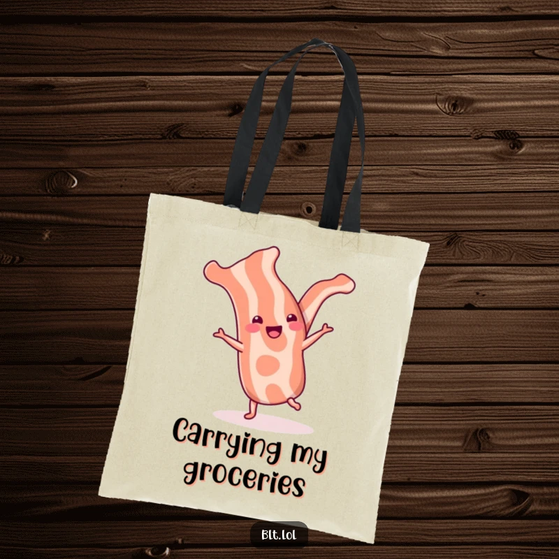 Funny bacon strip tote bag with a cheerful strip performing a cartwheel, versatile for carrying essentials with humor.