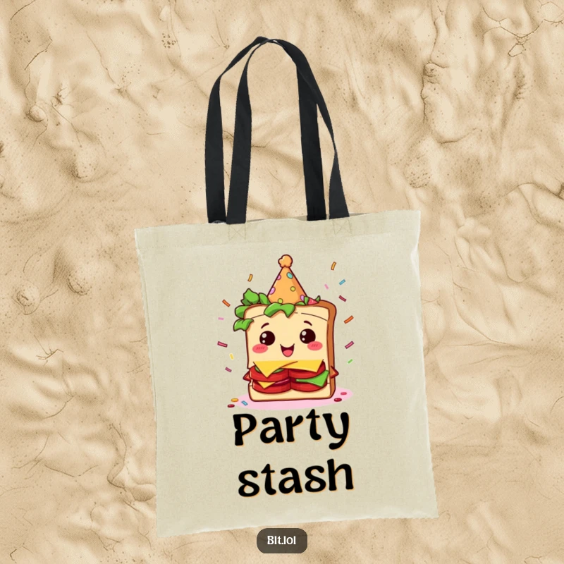 Durable tote bag featuring a funny BLT sandwich character wearing a party hat and surrounded by falling confetti.