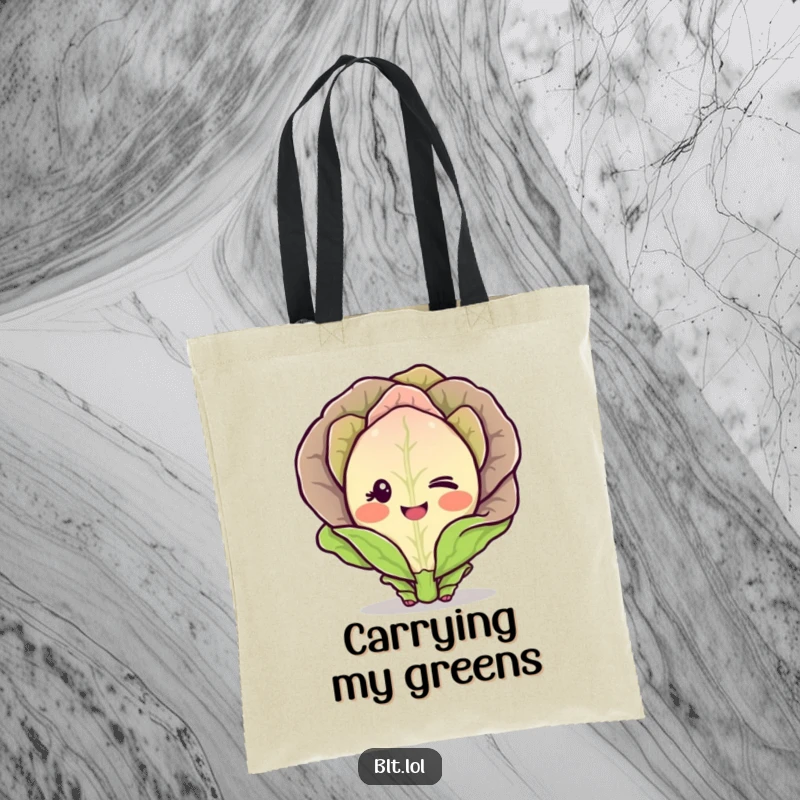 Funny Tote Bag featuring a blushing lettuce character winking shyly, perfect for groceries or daily use, humorous illustration.
