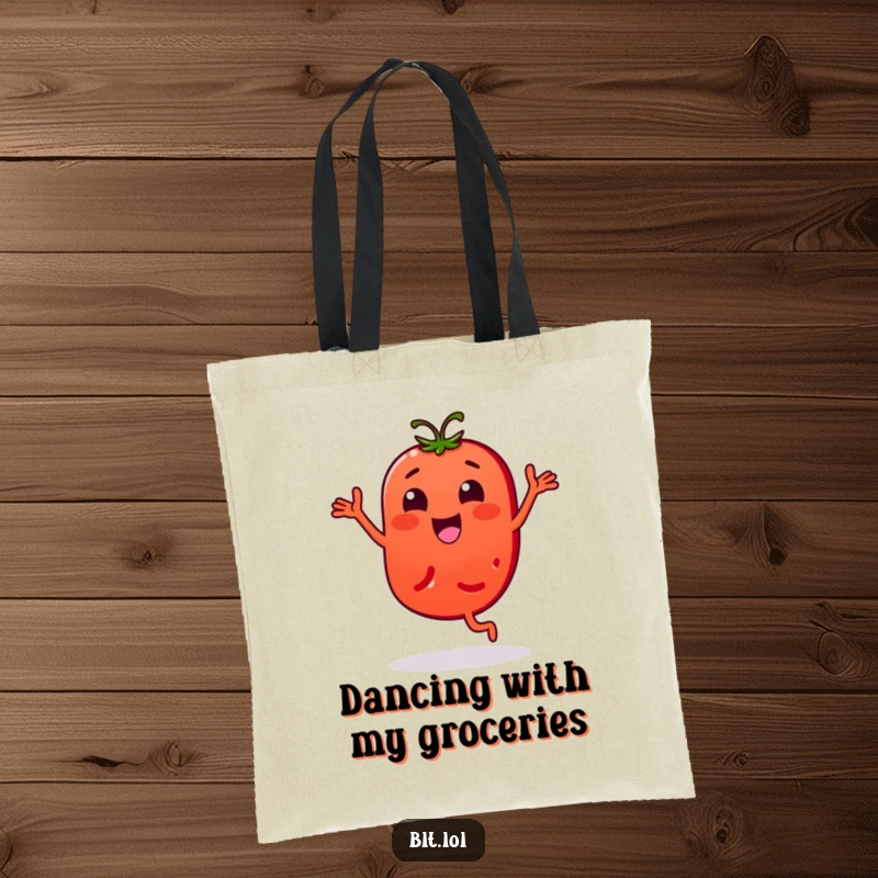 Funny Tote Bag: A tomato slice character energetically doing a bouncy dance. Excellent funny gift for shoppers.