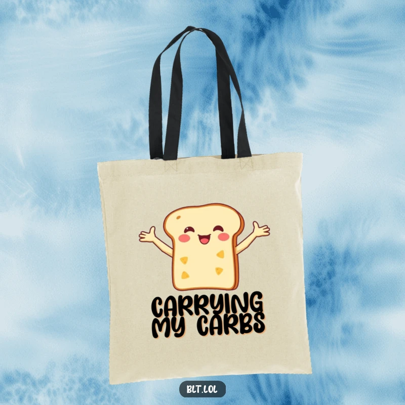Funny Tote Bag featuring a happy bread slice balancing a tiny cheese slice, bringing delicious and humorous vibes.