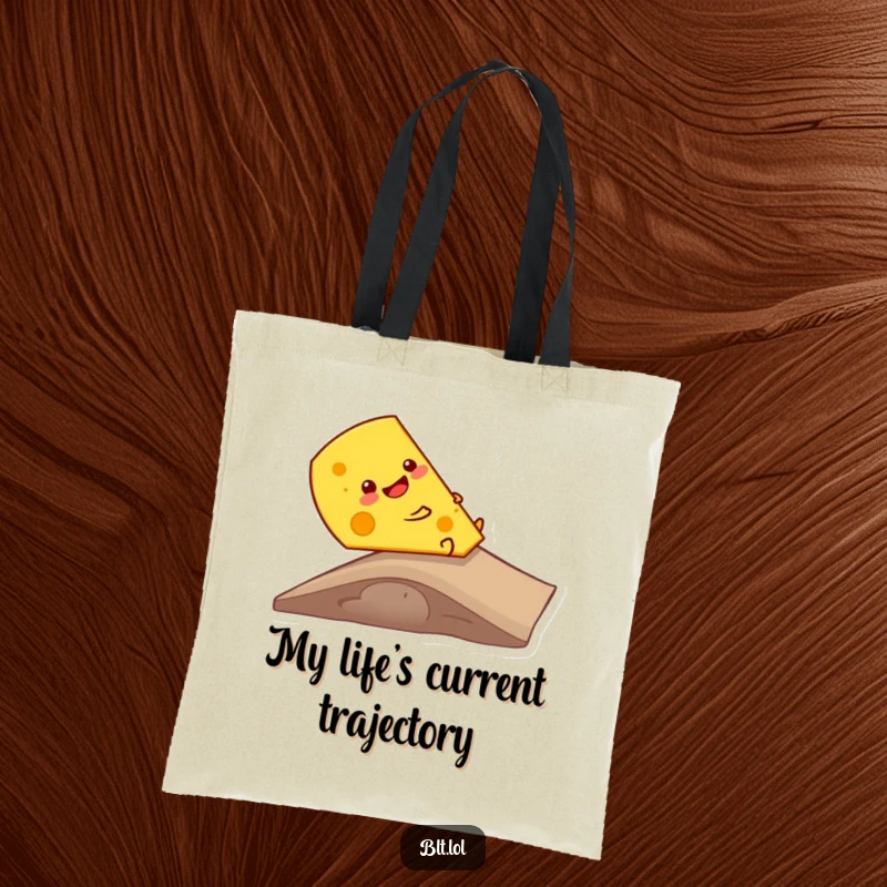 Funny giggling cheese slice sliding down a ramp, ready for errands, this tote bag is a humorous and useful accessory.