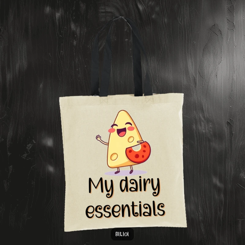 Funny tote bag with a laughing anthropomorphic cheese slice balancing a small tomato, perfect for stylishly carrying items with humor.
