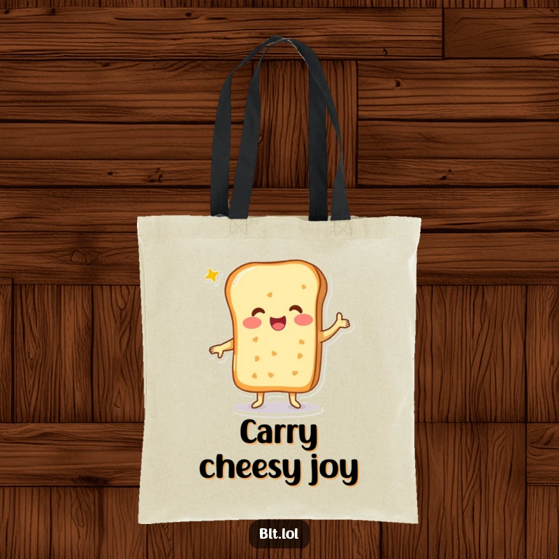 Funny cheesy bread character doing a happy dance, printed on a durable and cheerful tote bag.