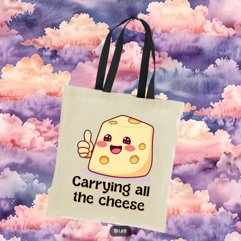 Funny tote bag with a beaming cheese slice giving a thumbs up, perfect for carrying items with a positive, cheesy flair.