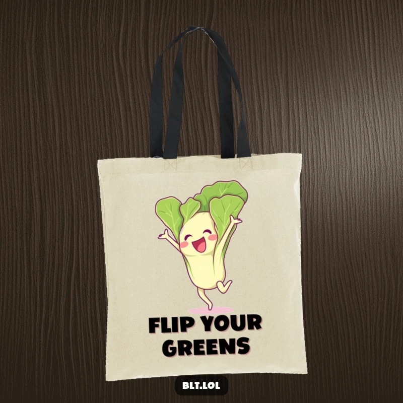 Funny lettuce leaf character in a graceful gymnastics flip, printed on a durable tote bag for everyday use.
