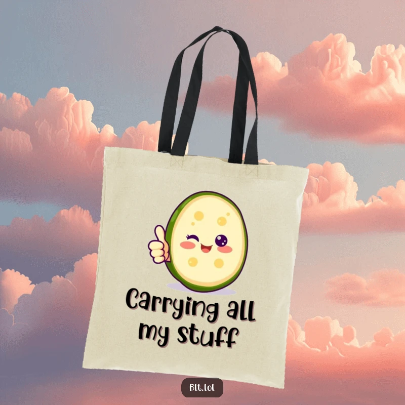 Funny happy pickle slice giving a thumbs up on a tote bag, perfect for carrying essentials with positive humor.