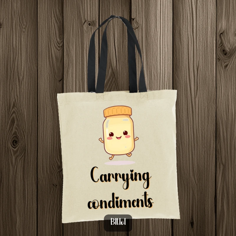 Funny anthropomorphic mayonnaise jar hopping playfully, a humorous and charming tote bag.