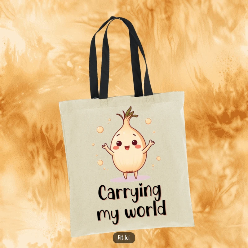 Funny playful onion ring juggling tiny circles on a tote bag, perfect for carrying essentials with playful humor.