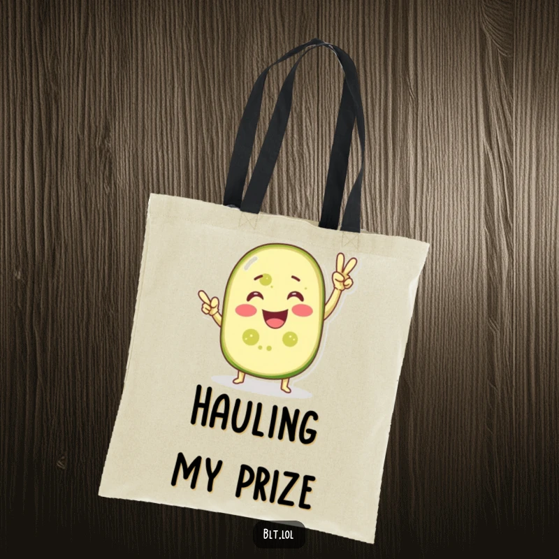 Funny tote bag showcasing a smiling pickle slice in a confident victory pose, perfect for carrying items with pride.