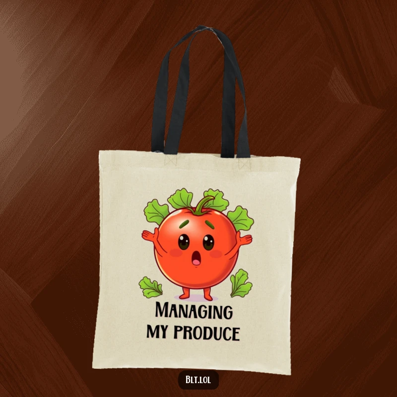 Funny surprised tomato juggling lettuce leaves, ready for market runs, this tote bag is a humorous and useful accessory.