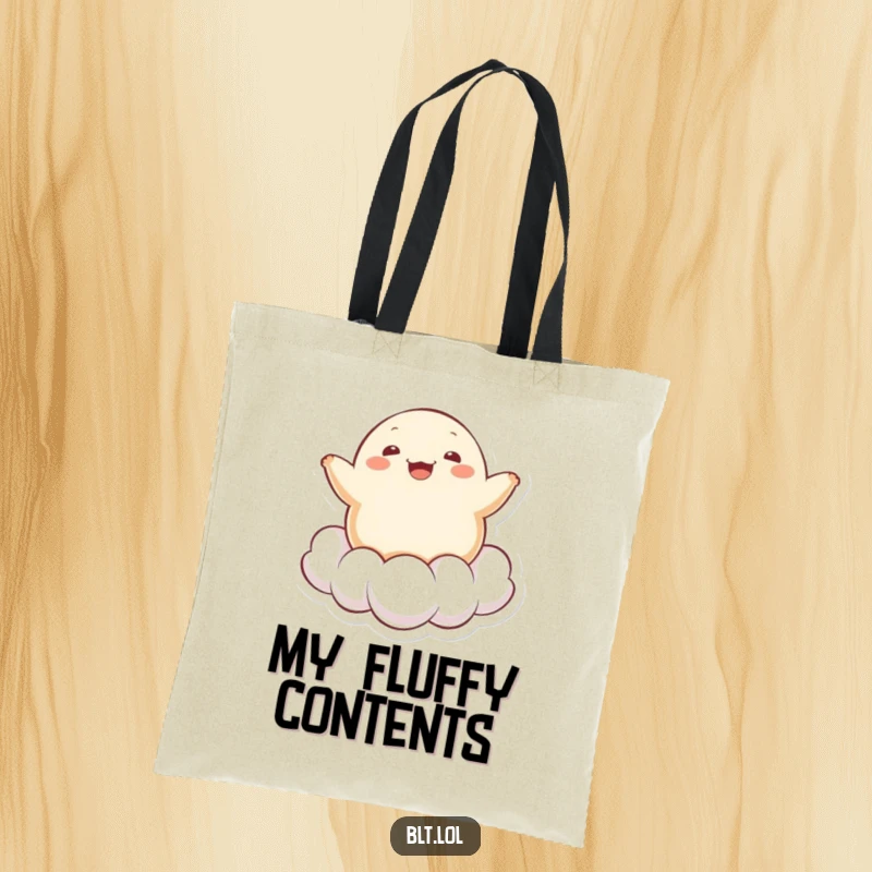 Funny cheerful Kawaii dumpling character bouncing on a cloud, printed on a stylish tote bag, ideal for daily use.