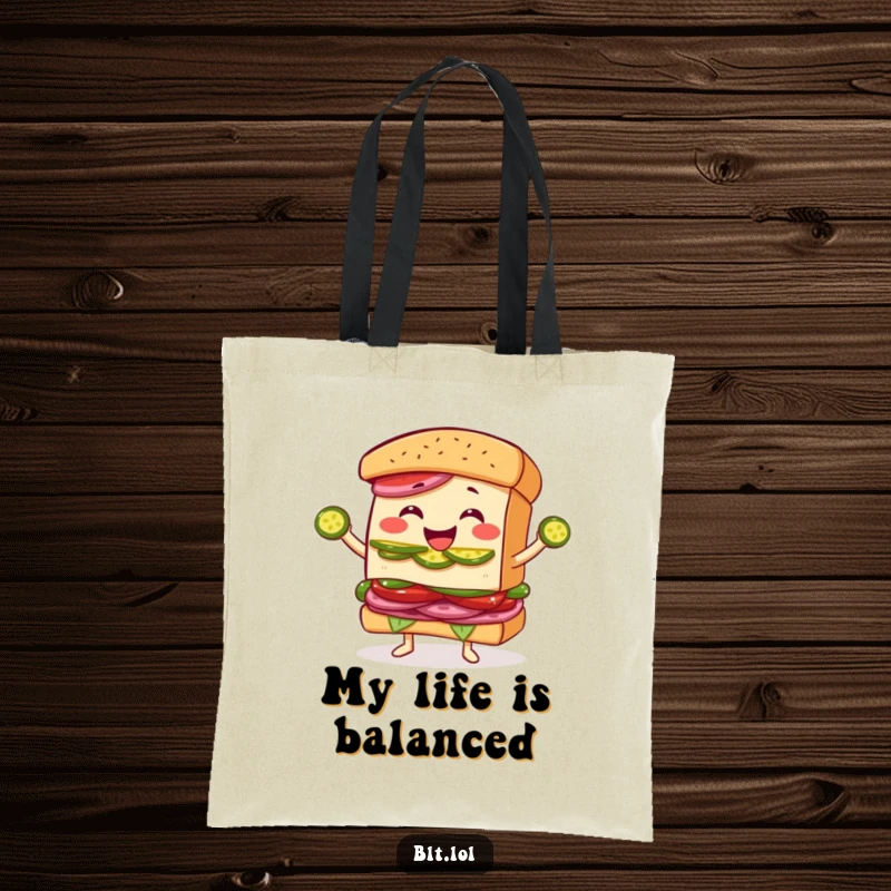 Funny Juggling BLT Sandwich Tote Bag: A cheerful BLT sandwich character happily juggling pickle slices, making this bag a fun accessory.