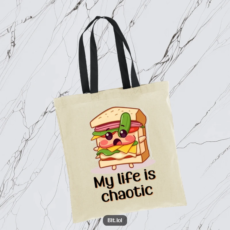 Funny tote bag with a BLT sandwich character looking shocked by a falling pickle, perfect for carrying essentials with humor.