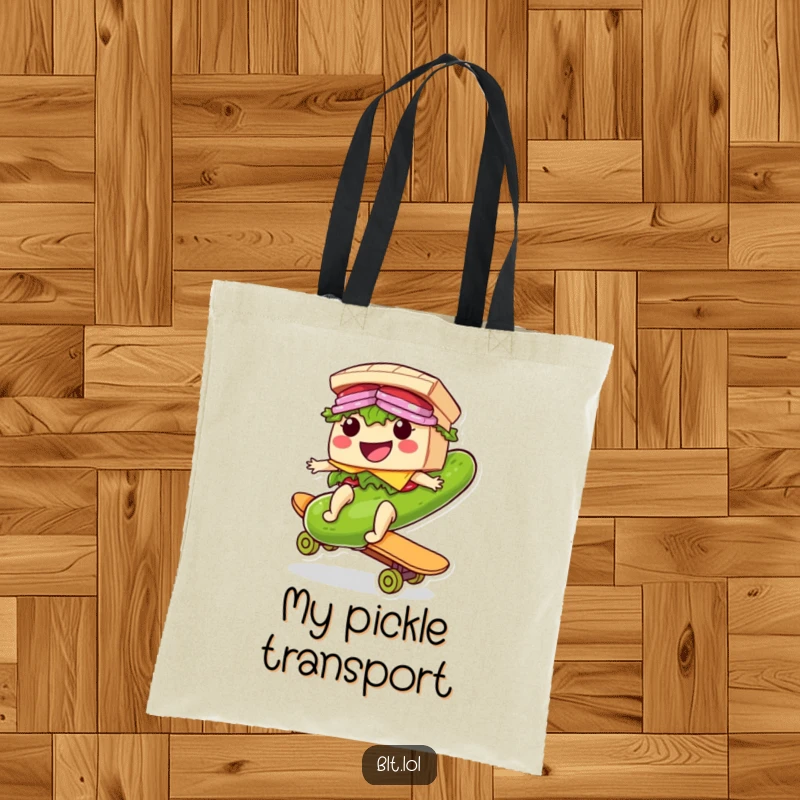 Funny Riding BLT Sandwich Tote Bag: A smiling BLT sandwich character rides a giant pickle like a skateboard, making this bag hip.