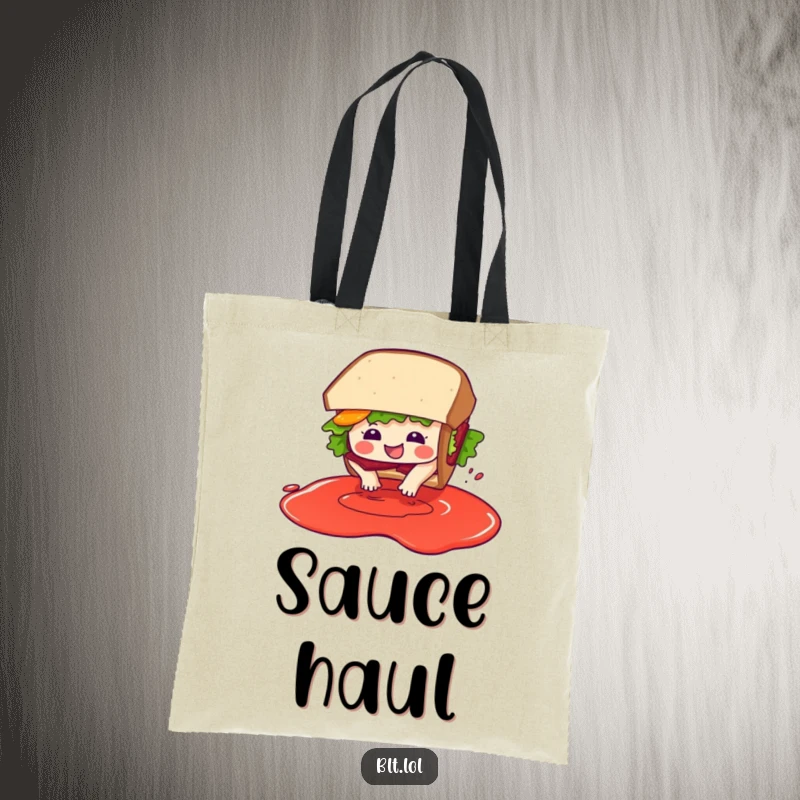 Durable tote bag adorned with a funny BLT sandwich character gleefully diving into an imagined pool of sauce.
